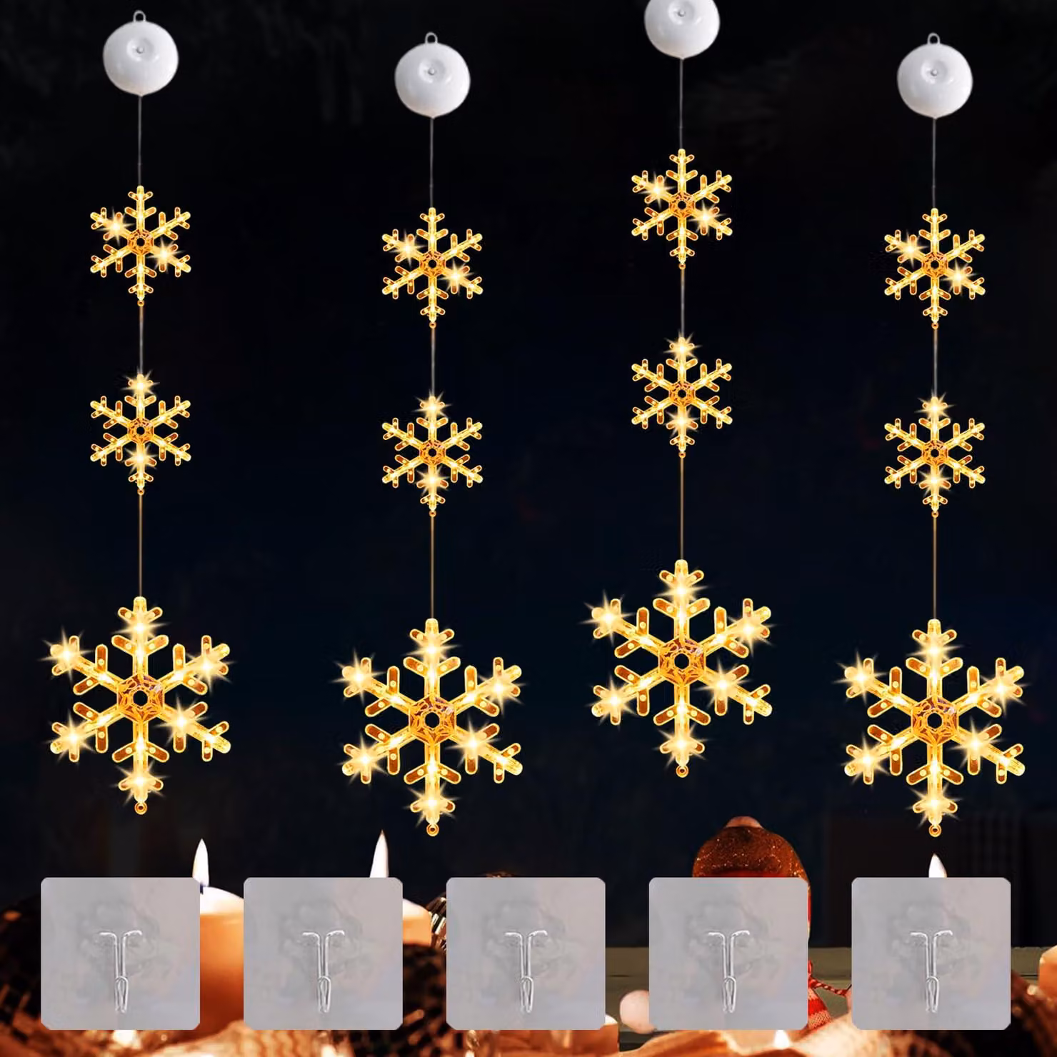 Set di 4 decorazioni a forma di fiocchi di neve a LED con ventosa, luce bianco caldo, dimensioni 16,5x19,5 cm