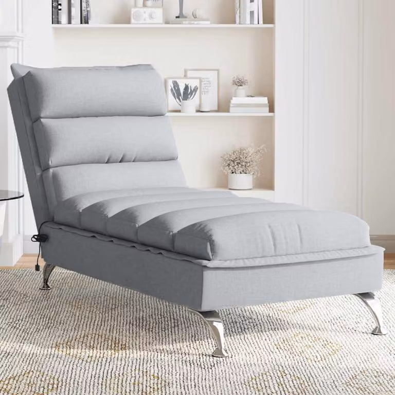 vidaXL Chaise Longue con Massaggio e Cuscini, Grigio Chiaro, Tessuto e Schiuma, con Ricarica USB, L: 133.5 cm, P: 74.0 cm, H: 56.0 cm