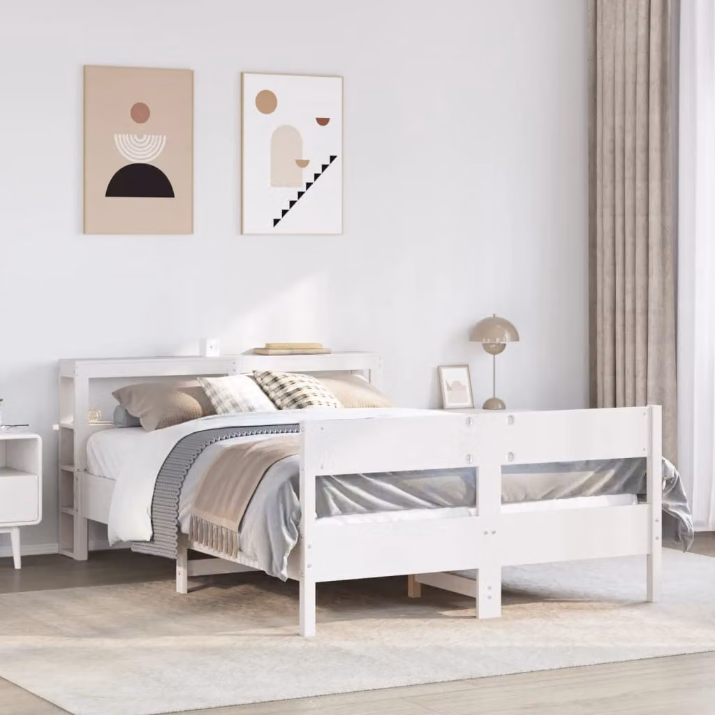 Letto in legno di pino massello bianco con ripiani laterali L/P/H: 120 x 200 x 82 cm