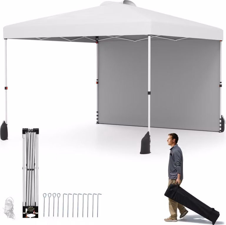 Gazebo pop-up COSTWAY 3x3m, gazebo da giardino portatile con parete laterale, paralume, borsa, 8 picchetti, 4 ancore, 4 corde per il vento e 4 sacchi di sabbia Bianco