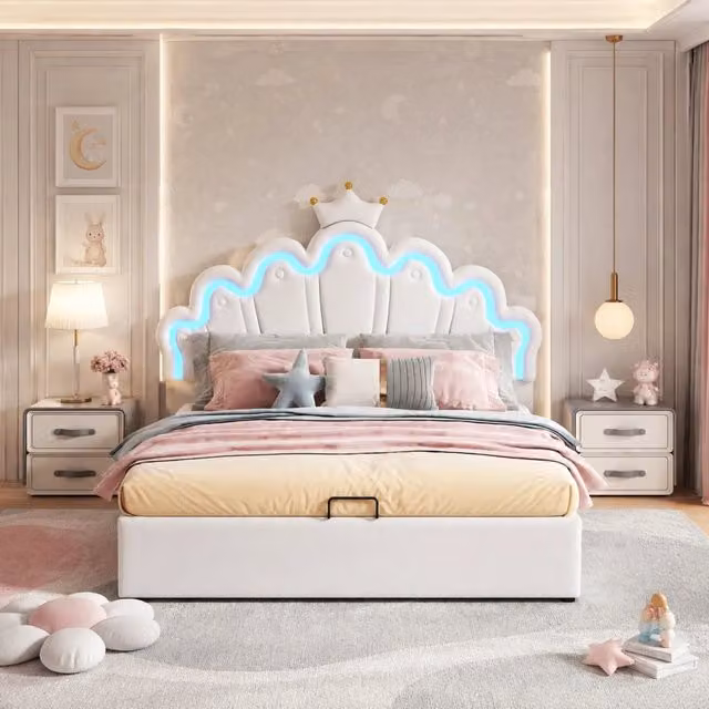 Letto imbottito MODFU con contenitore e illuminazione LED, testiera a nuvola con corona, L/P/H: 140 x 200 x 131 cm, colore bianco
