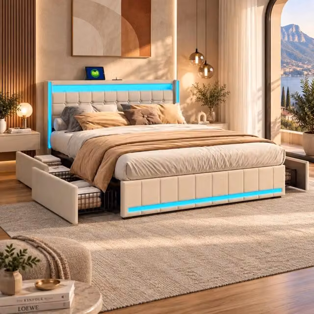 Letto matrimoniale con Contenitore 160x200 cm;letto imbottito 160x200 con 4 cassetti; LED e USB; letto con rete a doghe;Beige Lino;Senza Materasso