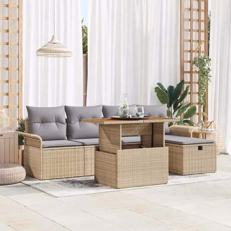 Set Divano da Giardino a L vidaXL 6 Pezzi Beige con Cuscini e Tavolino in Polyrattan e Acciaio