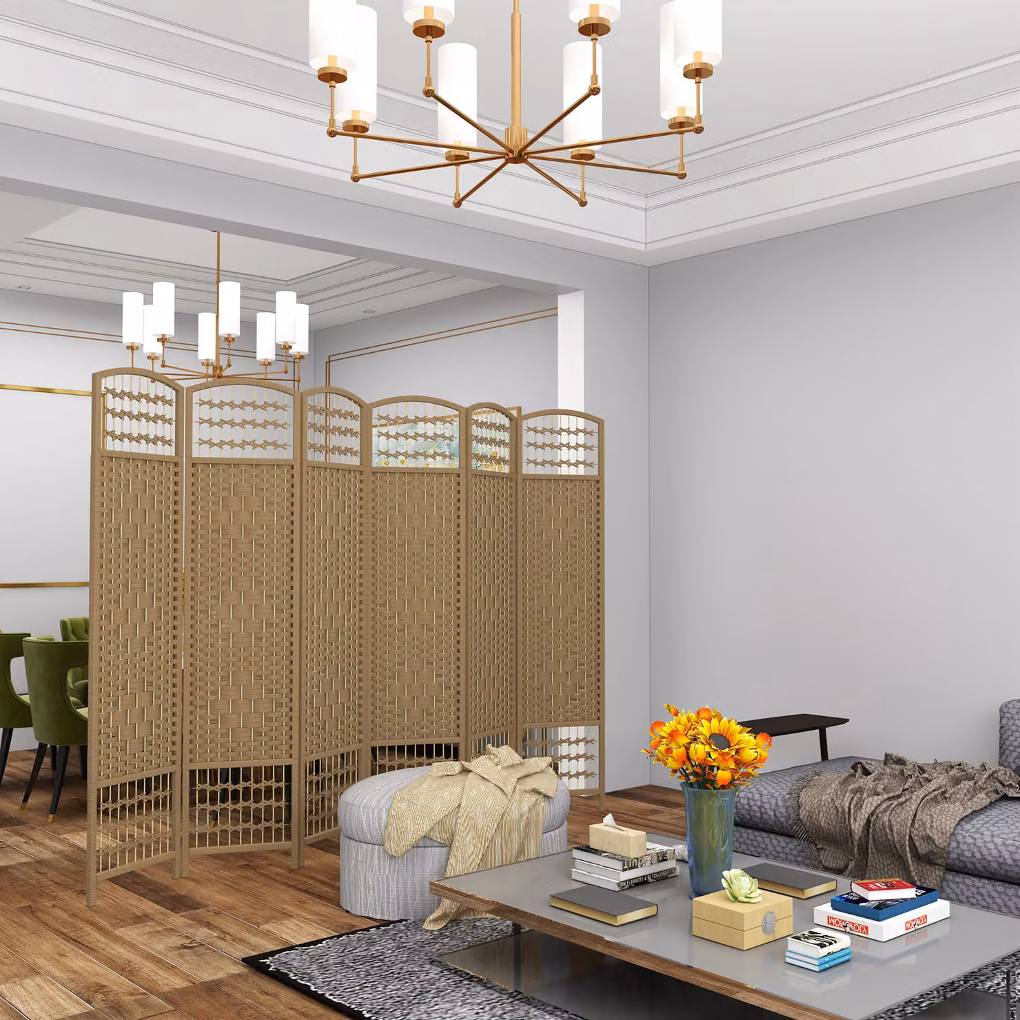 Paravento interno HOMCOM in legno naturale con 6 pannelli geometrici, L: 240 cm, H: 170 cm – 2