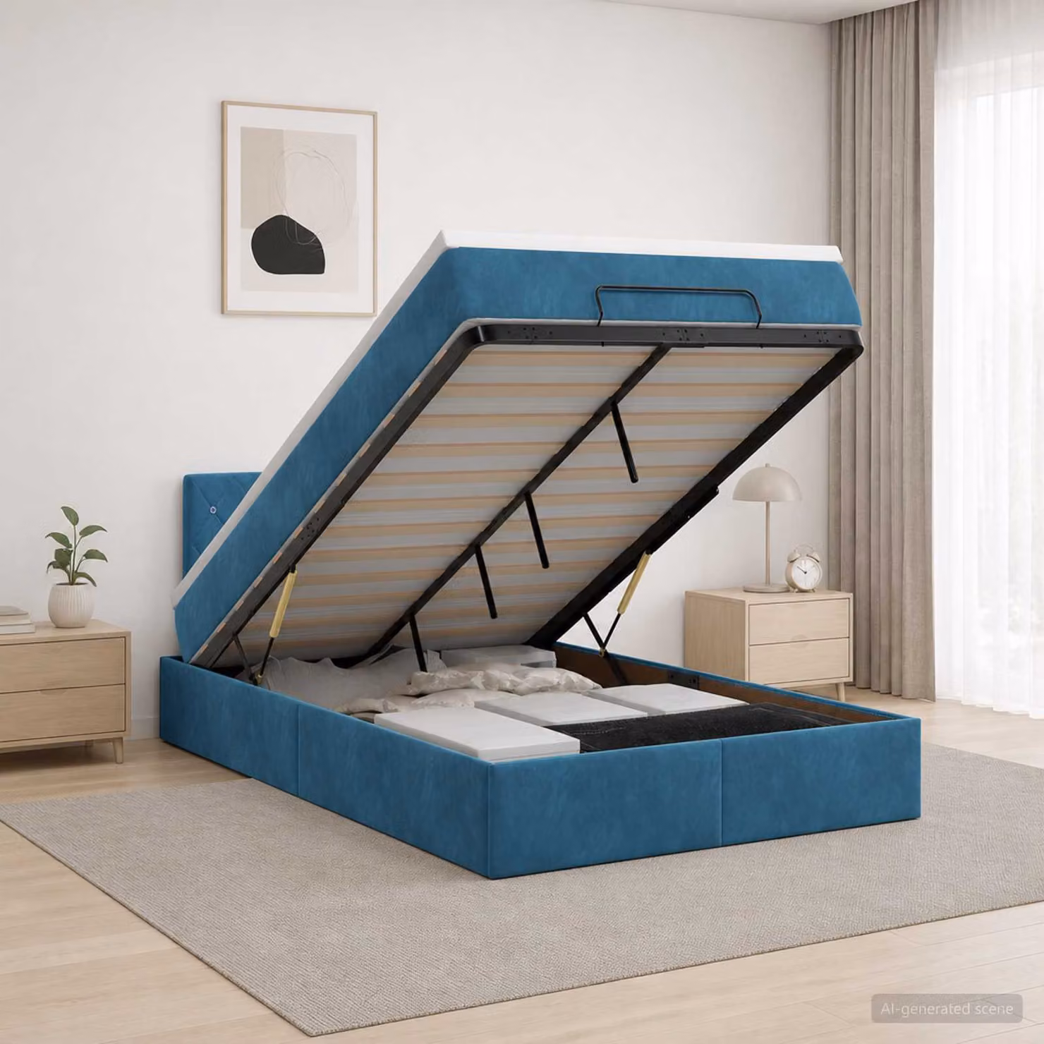 Letto ottomano con contenitore vidaXL in velluto blu e bianco, L/P/H: 120 x 200 x 128 cm