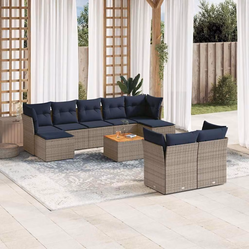Set di divani da giardino vidaXL in polyrattan grigio con 10 pezzi, compresi cuscini e tavolino da esterno