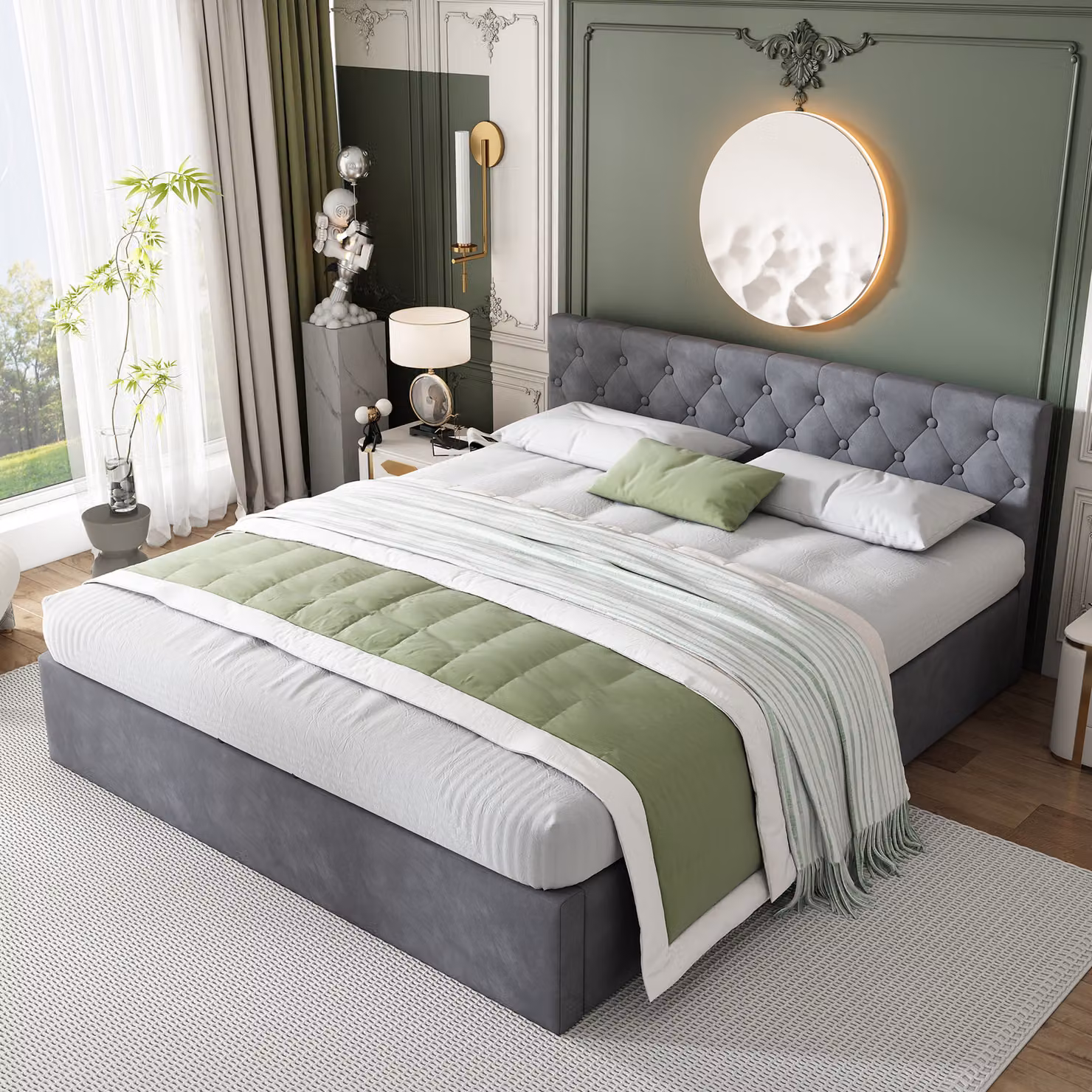 Letto singolo imbottito STILVORA, 140x200 cm, con contenitore e rete a doghe, letto a una piazza con spazio contenitivo, in velluto, colore grigio (senza materasso)
