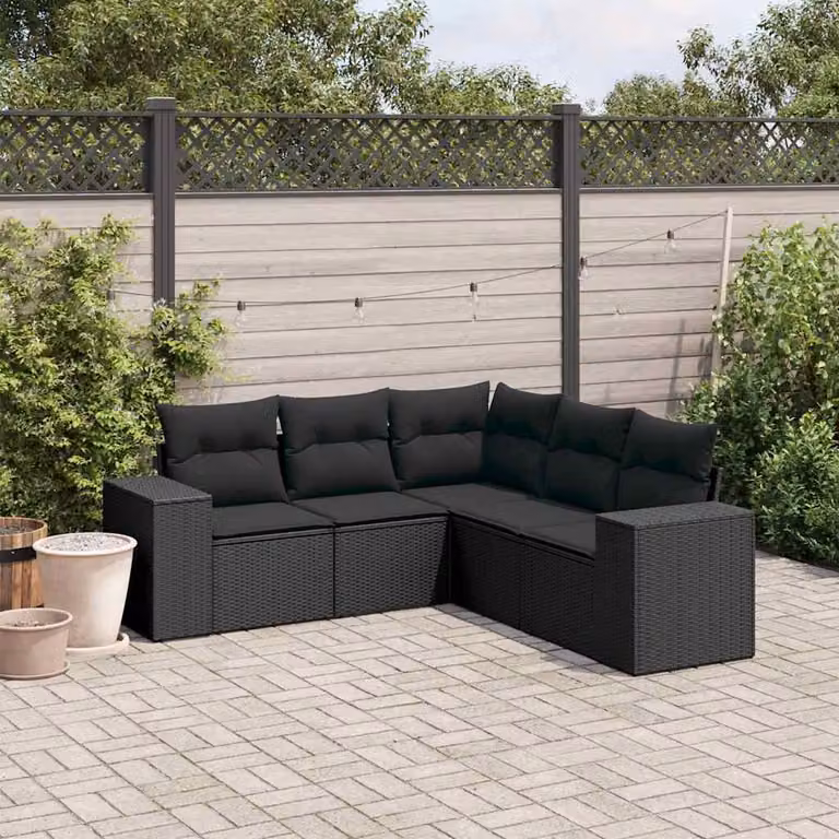 vidaXL Set Divani da Giardino a L 5 pz con Cuscini in Polyrattan Nero e Struttura in Acciaio Verniciato a Polvere