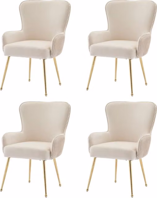 Set da 4 Sedie da Pranzo in Velluto Beige con Gambe in Metallo Dorato, con Braccioli e Piedini Regolabili
