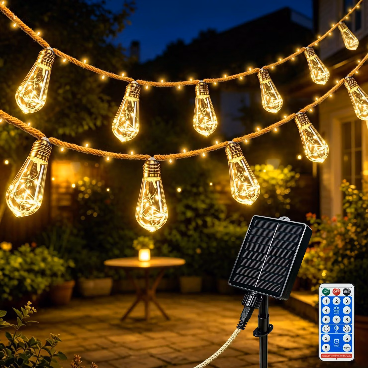 Catena luminosa solare, 10 metri, 15 LED bianco caldo, resistente alle intemperie, stile vintage