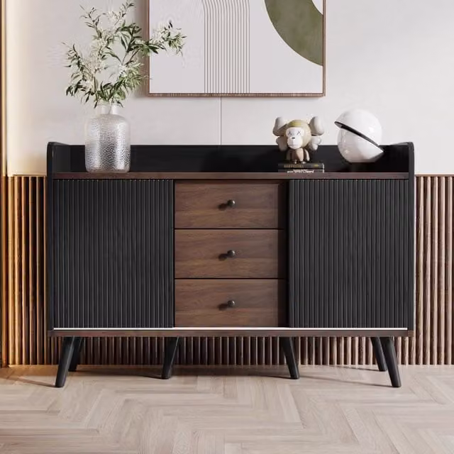 Sideboard moderno in legno, 3 cassetti e ripiani portaoggetti. Per camera da letto e soggiorno. H80 x L117,5 x P40 cm. Venatura pregiata.