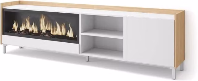 Mobile TV Soggiorno, 212x61x35 cm, Per TV fino a 80", Camino elettrico XXL, Design industriale, Bianco e Rovere soft