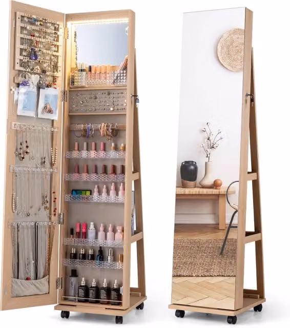 Armadio portagioie bloccabile con specchio trucco luci LED a 3 colori ripiani regolabili, Armadietto portagioie Naturale