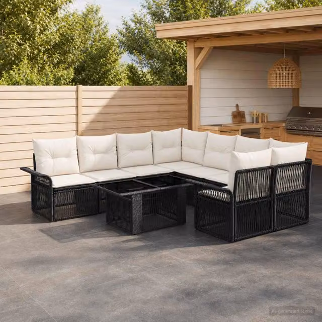 Set Divano da Giardino 9 pz Nero e Bianco Crema polyrattan 3436609