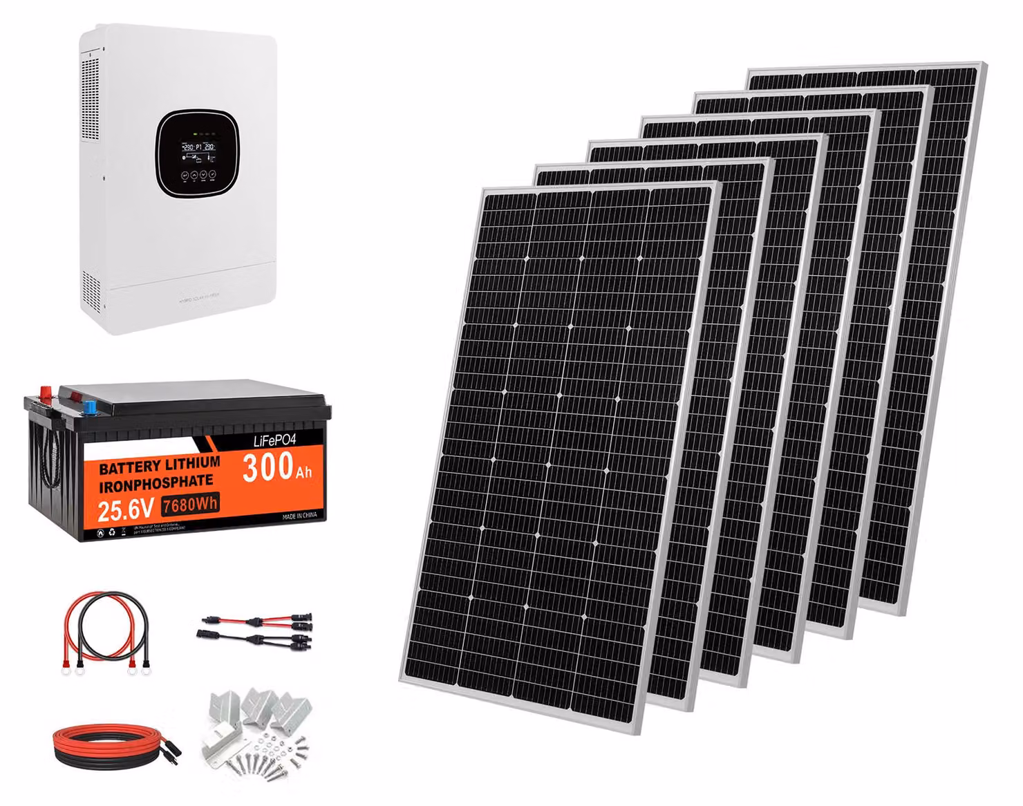 Kit completo di impianto solare SucceBuy da 1200W, composto da 6 pannelli solari monocristallini da 200W, una batteria LiFePO4 da 25,6V e 300Ah, e un inverter da 24V e 3000W. Impianto fotovoltaico autonomo per uso domestico e serre