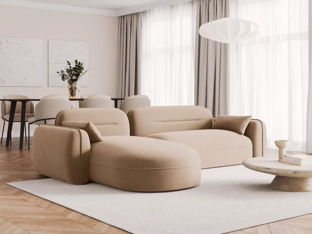 Divano angolare modulare Sydney Cosmopolitan Design, 4 posti in velluto color sabbia, configurazione sinistra, L/P/H: 275 x 140 x 70 cm – 2