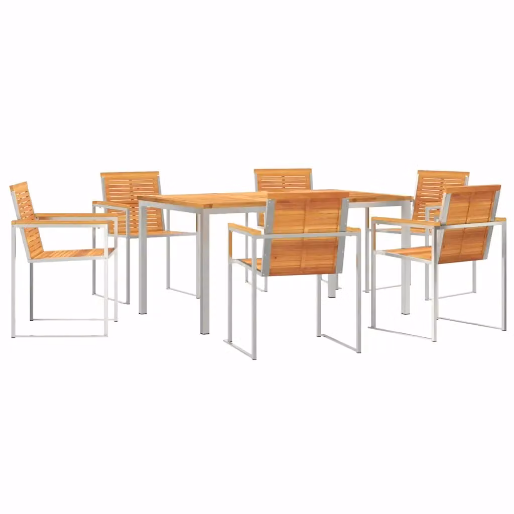 Set da pranzo per giardino moderno vidaXL in legno di acacia e acciaio inossidabile, 7 pezzi, marrone e argento – 2