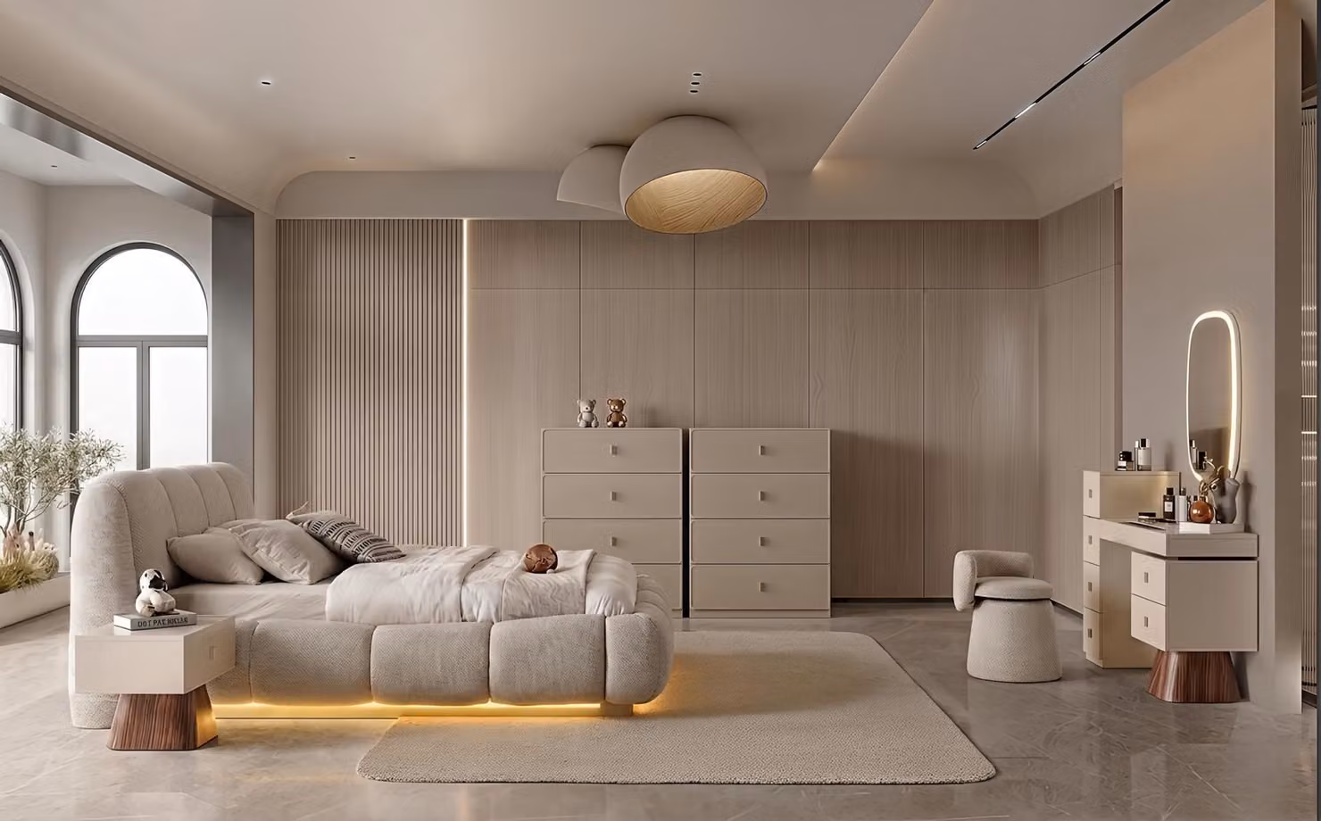 Set per camera da letto: letto, comodini, cassettiera, specchiera. Design moderno, colore beige
