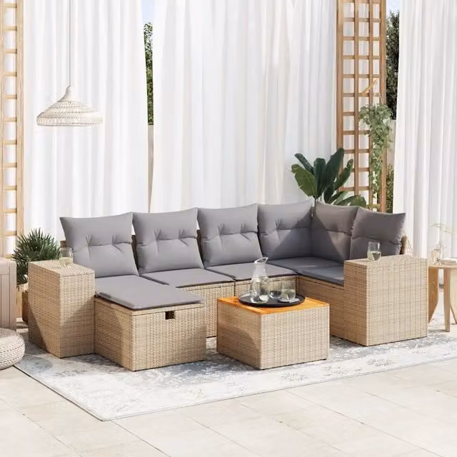 Set da giardino moderno vidaXL composto da 7 pezzi in polyrattan con cuscini beige e tavolo da caffè per esterno