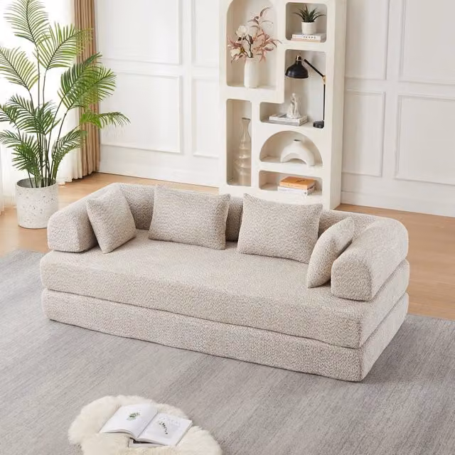Divano letto modulare 4 in 1 con schienale regolabile in chenille beige