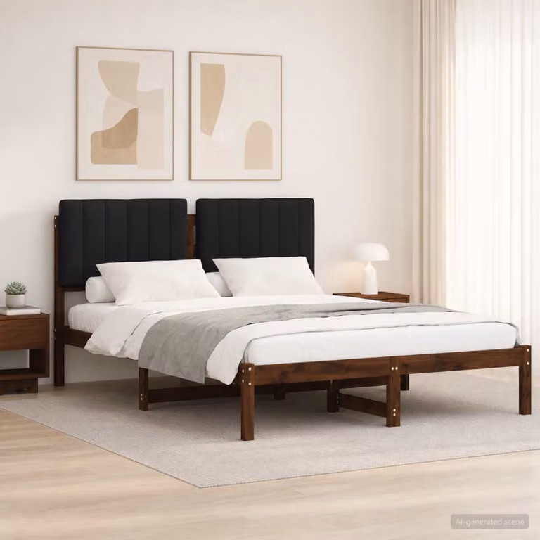 Letto con Testiera Rivestita vidaXL in Legno di Acacia, Marrone scuro e Nero, L 140 x P 200 cm