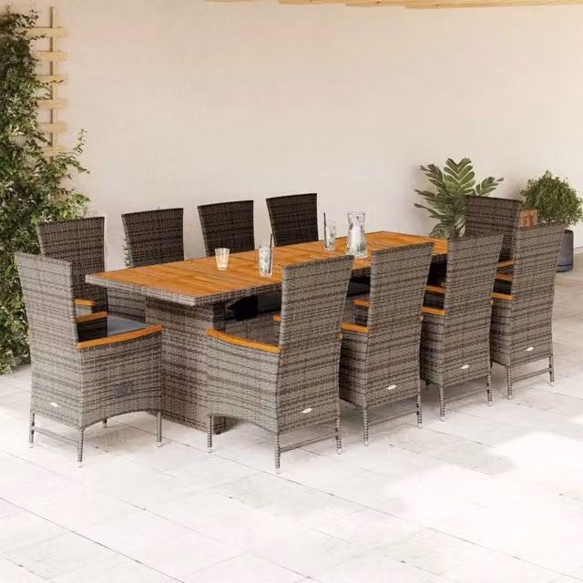 Set da pranzo da giardino vidaXL in polyrattan e legno di acacia grigio, 11 pezzi