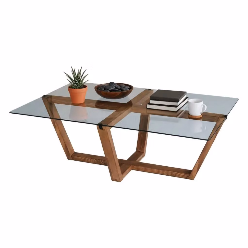 Tavolino da salotto moderno DMORA con piano in vetro trasparente e struttura a X, forma rettangolare, marrone, L: 105 cm, P: 65 cm, H: 35 cm – 2