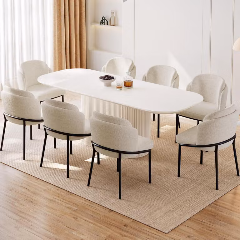 Set da pranzo con tavolo rettangolare e 8 sedie imbottite, design scandinavo, colore bianco, lunghezza 220 cm
