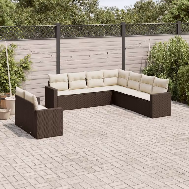 Set di divani da giardino a L vidaXL in polyrattan marrone con 9 pezzi e cuscini inclusi
