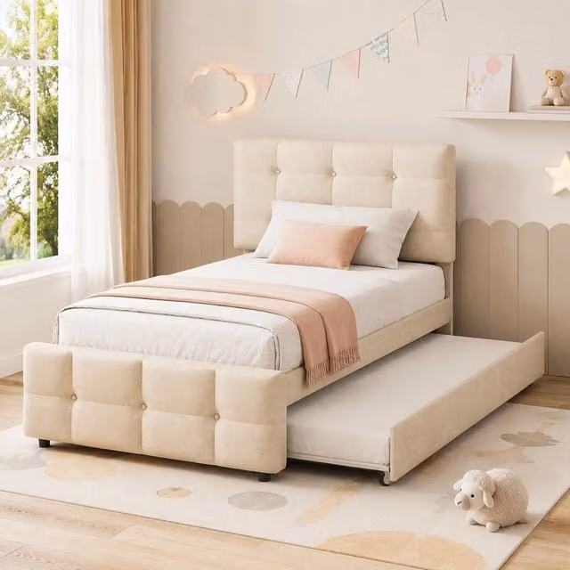Letto bimbi 90x200 beige con letto estraibile, testiera regolabile, senza materasso