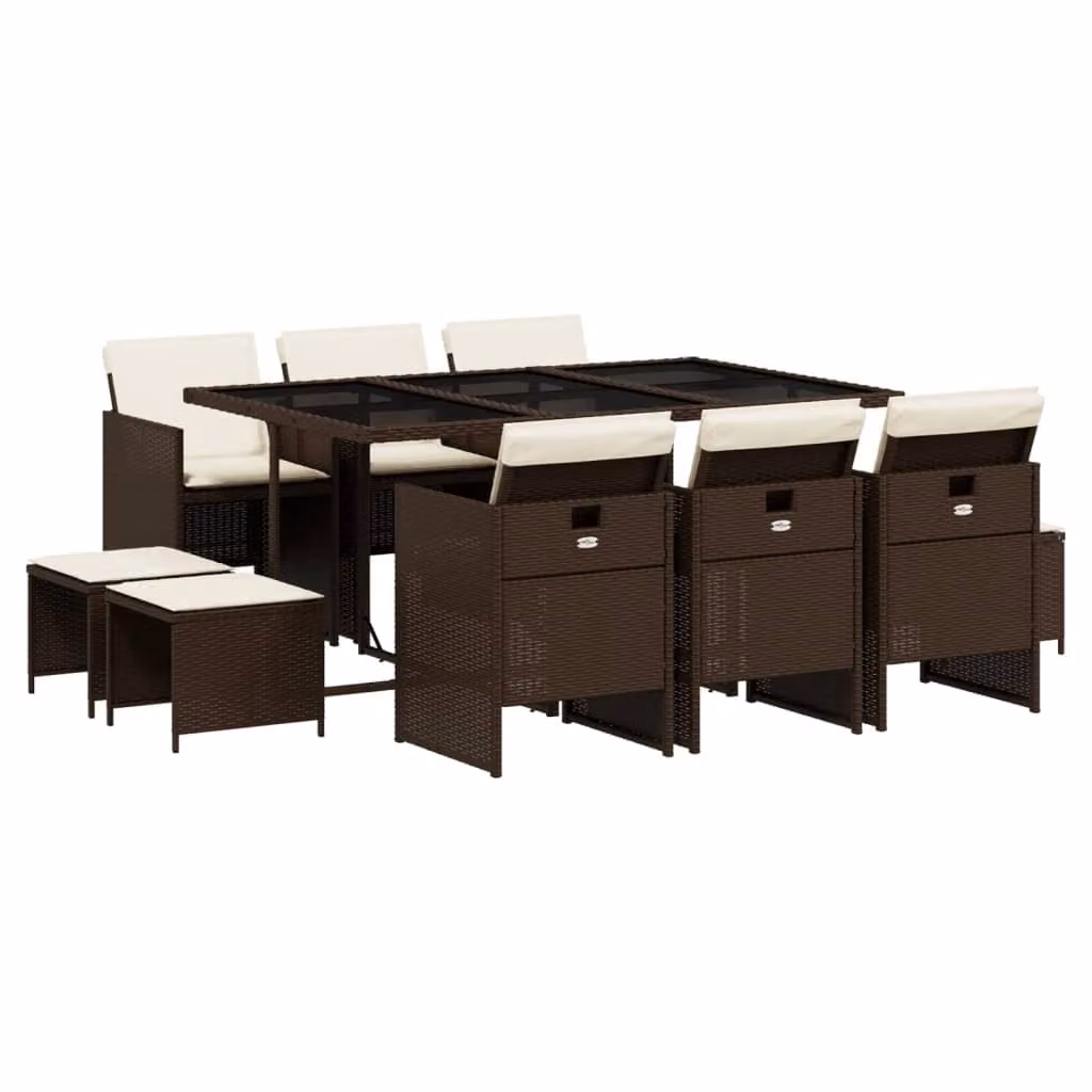 Set da Pranzo da Giardino 11 pz con Cuscini Polyrattan Marrone