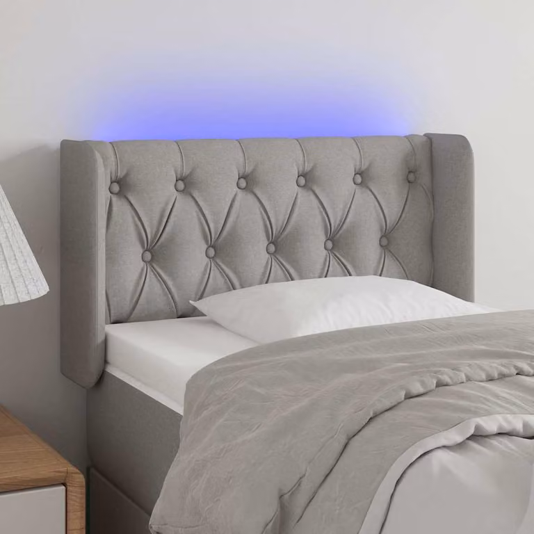 Testiera per letto vidaXL in tessuto grigio chiaro con illuminazione LED e porta di ricarica USB, L: 83 cm, P: 16 cm, H: 78-88 cm