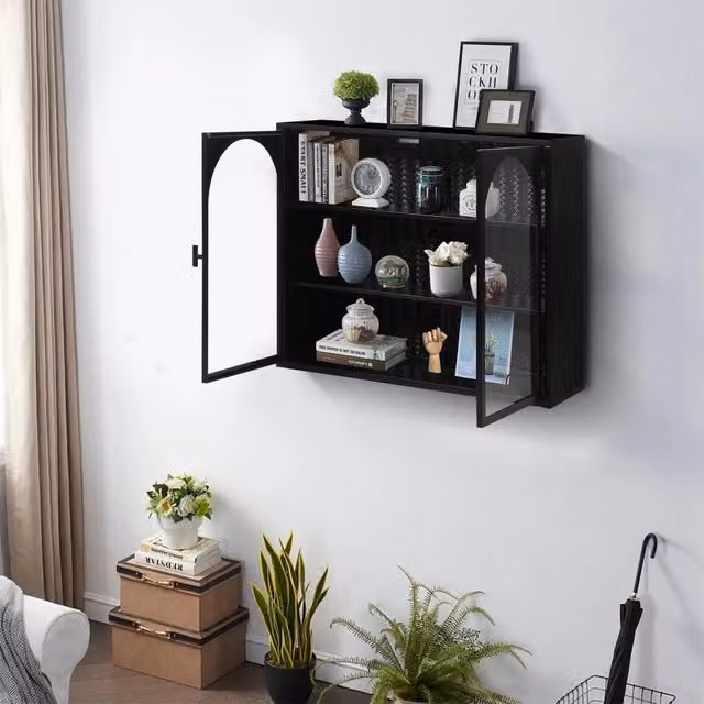 Mobile da parete moderno WISHDOR in metallo e vetro nero con ante in vetro temperato e ripiani interni regolabili L: 60 cm, H: 70 cm, P: 23 cm