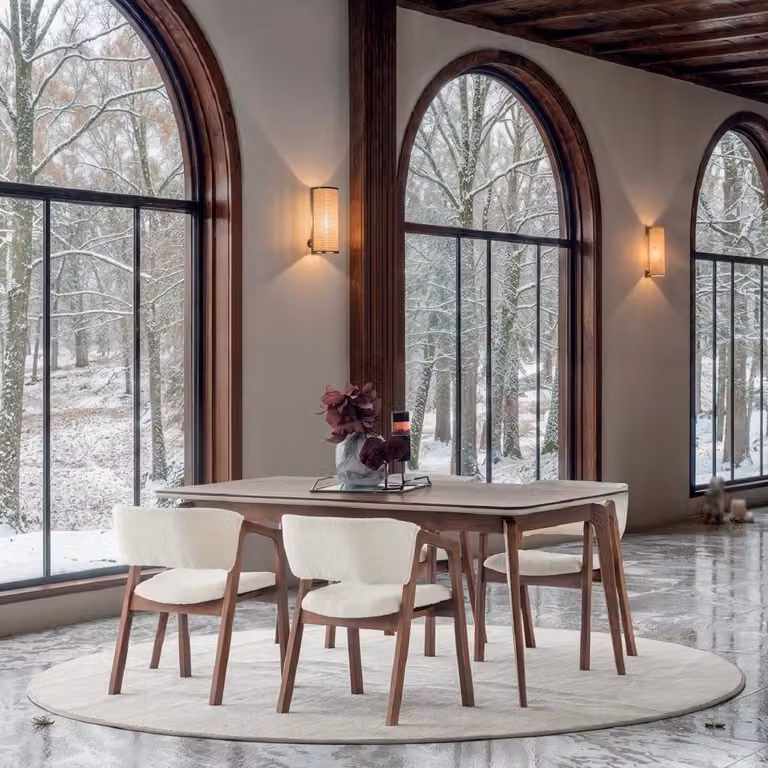 Set da pranzo completo per 5 persone, tavolo e sedie, design moderno, colori bianco e marrone, elegante