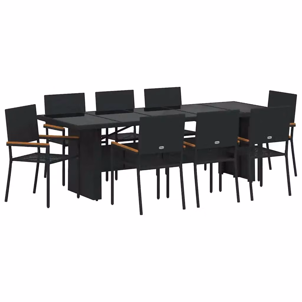 Set da pranzo per giardino e terrazza vidaXL in polyrattan nero e marrone con tavolo in legno di acacia, 9 pezzi – 2