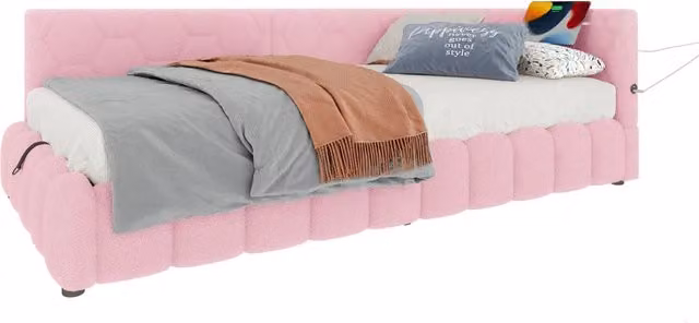 Letto divano singolo con contenitore idraulico e illuminazione LED, porte USB e Type-C, rivestimento in velluto rosa, L/P/H: 200 x 90 x 73 cm