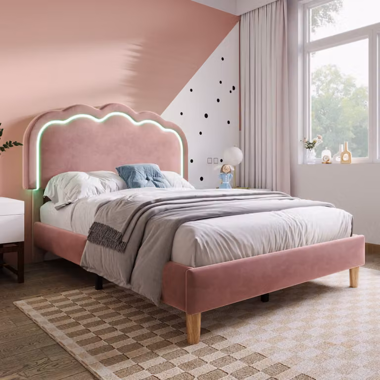 Letto imbottito Flieks 90x190cm con LED e rete a doghe, letto per ragazzi letto per bambini con testiera regolabile, letto singolo letto in legno letto classico, velluto, rosa