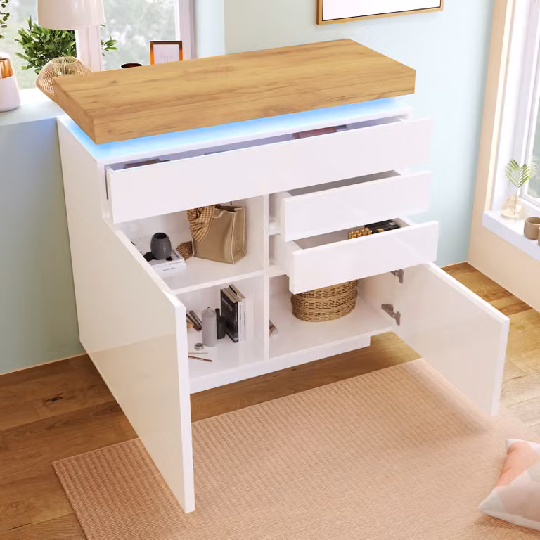 Flieks credenza a cassetti con LED, mobile da soggiorno con 3 cassetti e 2 ante, cassettiera con ripiano regolabile, bianco