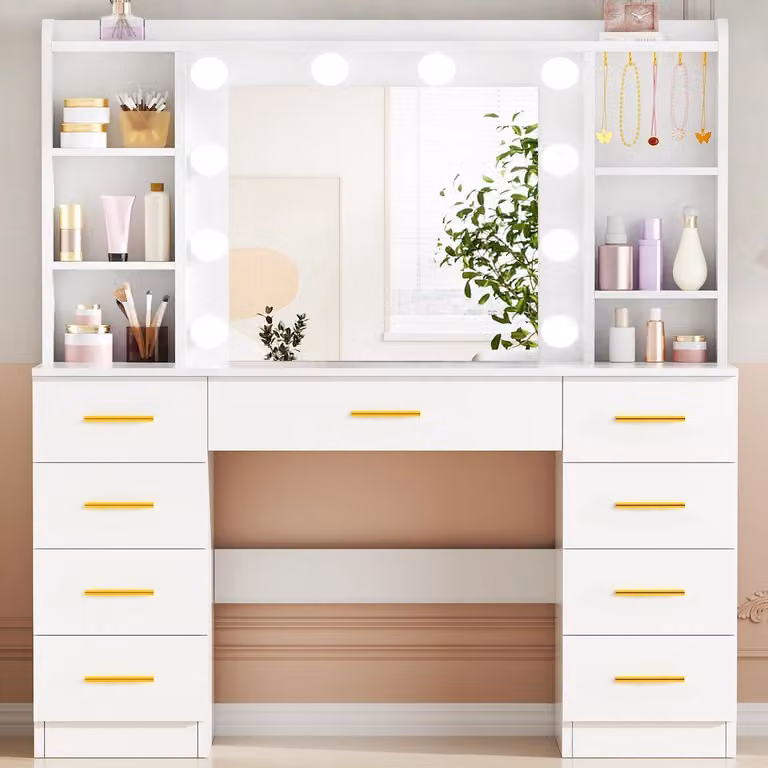 Comò da trucco con illuminazione a LED, 3 colori, luminosità regolabile, specchio, 9 cassetti, 6 ripiani aperti, 5 ganci per gioielli, bianco