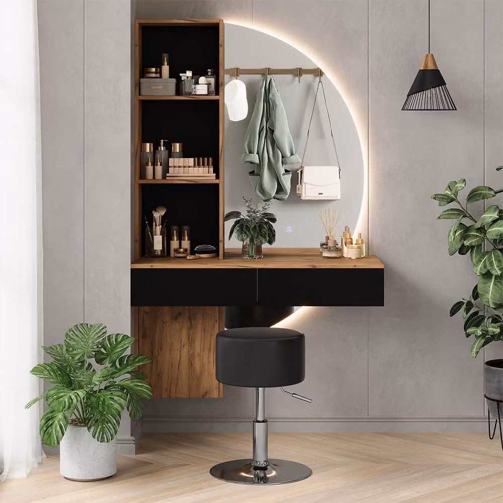 Tavolo da toeletta Vicco Melora Rovere/Nero 100 cm con specchio LED e sgabello, Model 58452