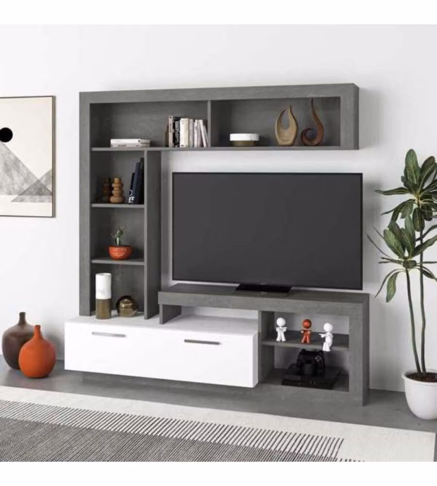 Parete Porta TV Leo Bianco e Cemento - 1 Anta e Vani - 171x42x171 h cm