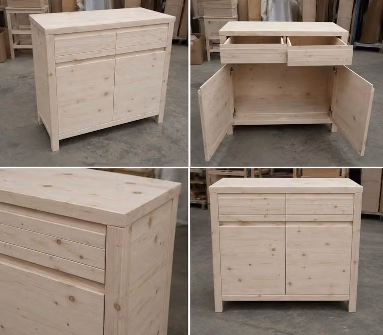 Credenza Mobili 2G con 2 porte e 2 cassetti in legno massello di abete grezzo L: 104 cm, P: 50 cm, H: 95 cm