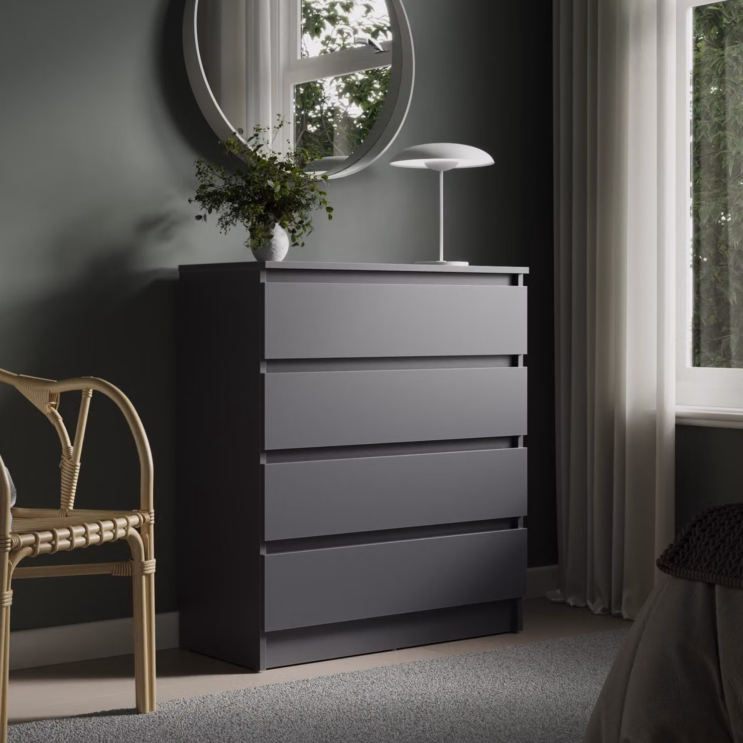 Comodino largo 76 cm con 4 cassetti. Comodino antracite, stretto, in legno. Mobile contenitore con cassetti, mobiletto, mobile bar, mobile TV, mobile da camera da letto, soggiorno, ingresso, ufficio, organizer. Larghezza: 76 cm