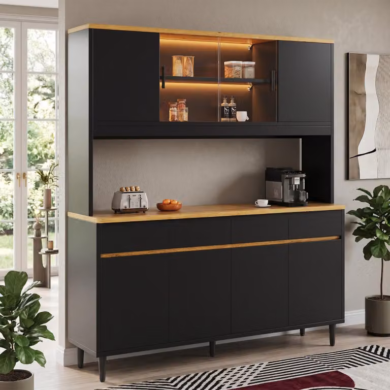 Mobiletto alto Flieks, 160x40x185 cm, credenza con spazio di stoccaggio multistrato, presa di corrente integrata, mobili buffet con illuminazione a LED colorata, colore: nero e noce