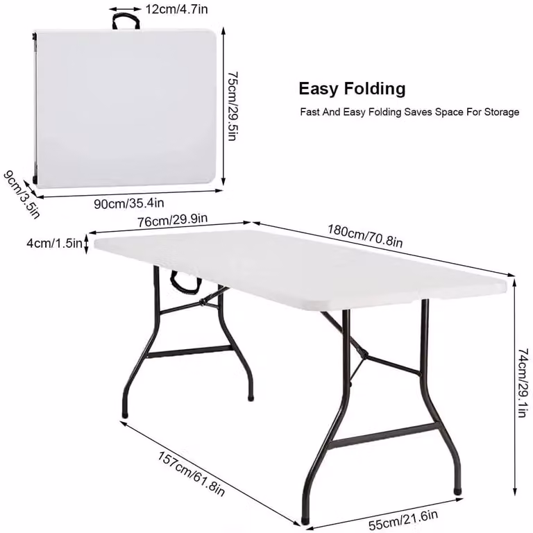 Tavolo pieghevole in plastica - 180 x 76 x 74 cm - Struttura in metallo - Maniglia per il trasporto - Per 8 persone - Adatto per interni ed esterni - Bianco