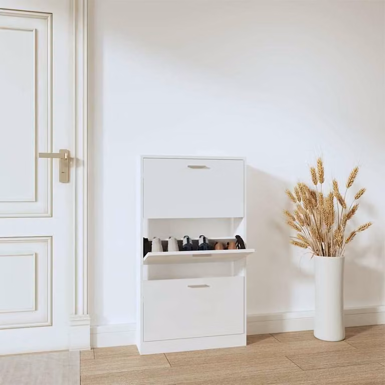 Scarpiera moderna vidaXL Bianco Lucido in legno con ripiani interni e scomparti basculanti L/P/H: 59 x 17 x 108 cm