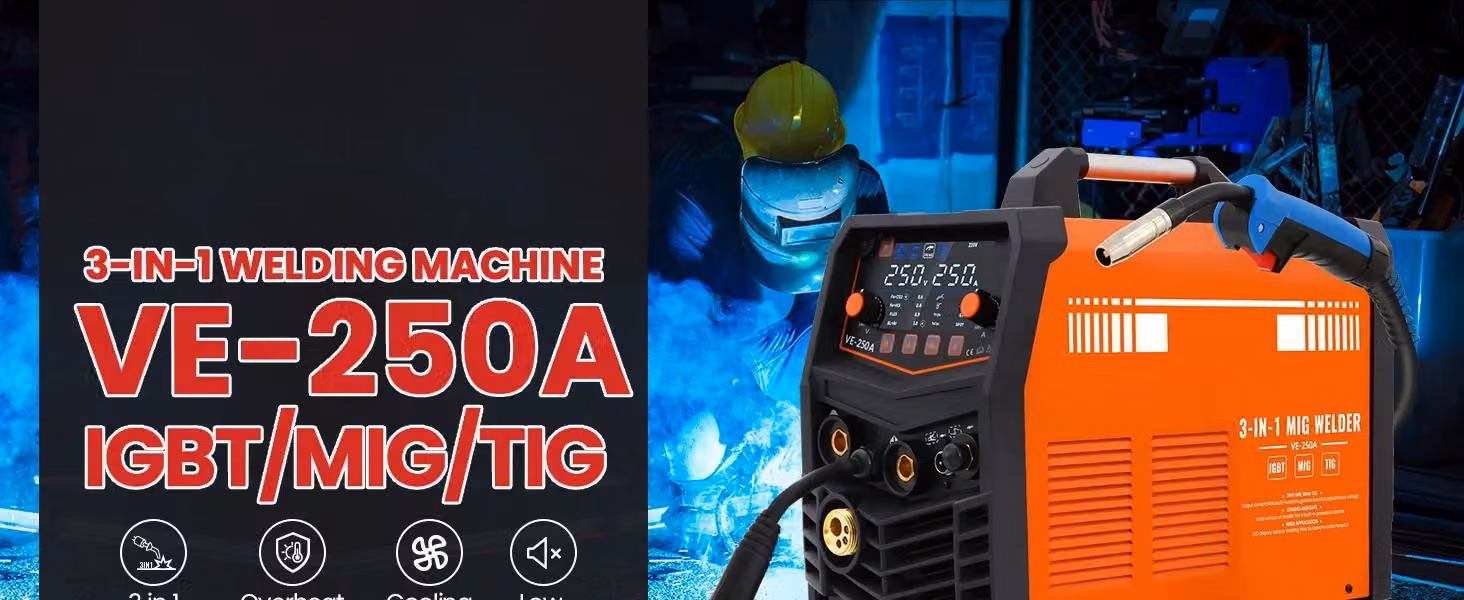 Saldatrice - VE-250A - MIG/MMA/TIG (sollevamento) - 250 A - Inverter - Display digitale a 3 cifre - Protezioni multiple - Arancione