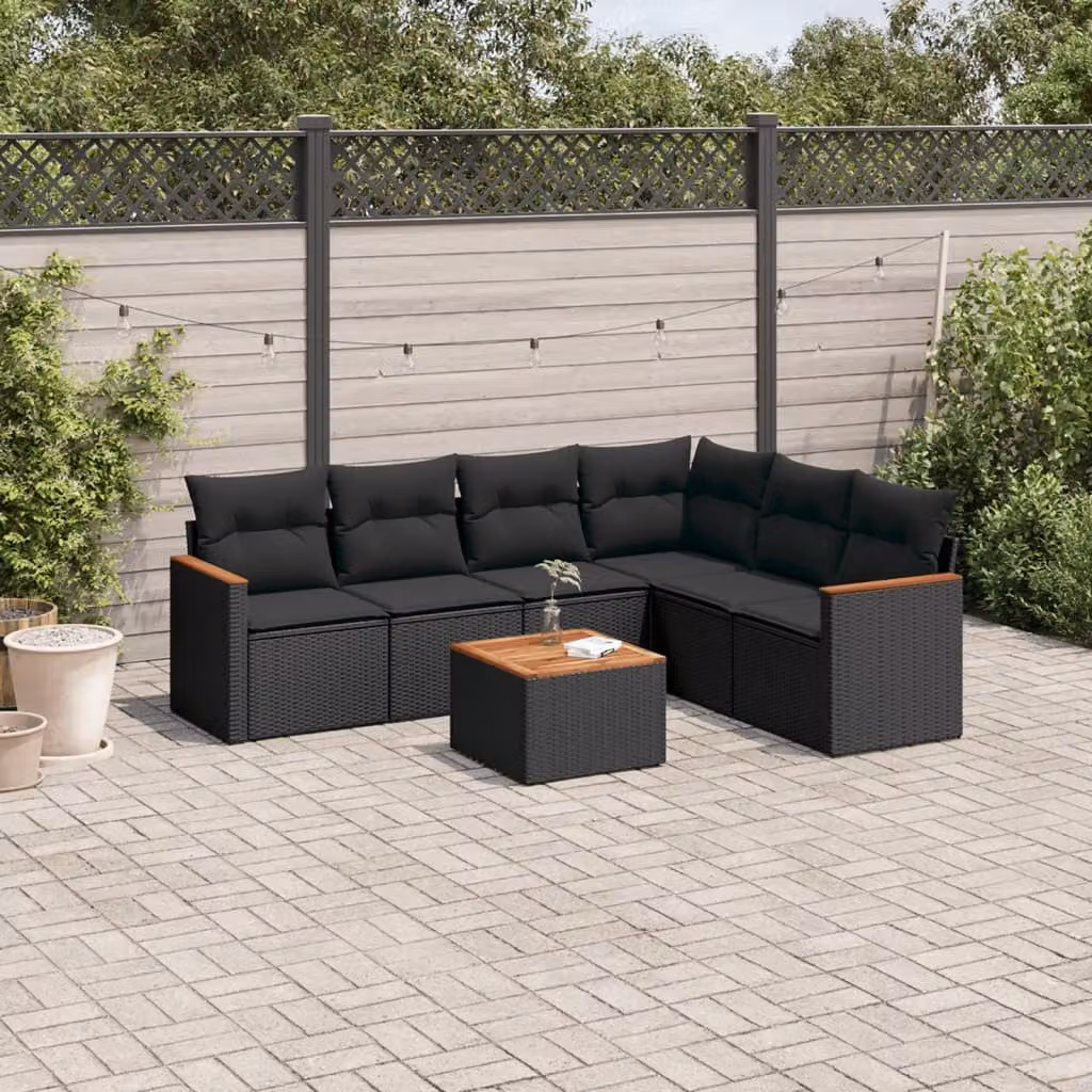 vidaXL Set Divani da Giardino a L con Cuscini 7pz Nero in Polyrattan e Legno di Acacia – 1
