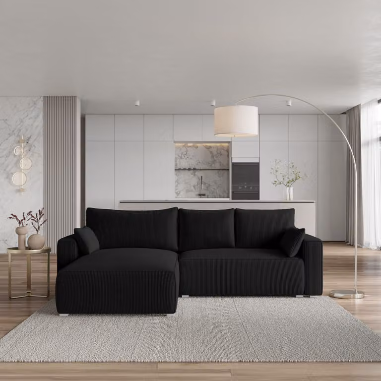 Divano angolare Masseno FORIL P con funzione letto a L, divano con box letto, divano da salotto, divano, divano, divano letto, set di divani - nero, POSO 135