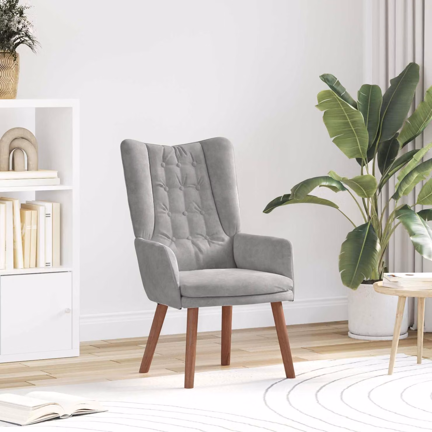 Poltrona vidaXL in velluto grigio con braccioli e struttura in legno, L: 63 cm, P: 67 cm, H: 94 cm
